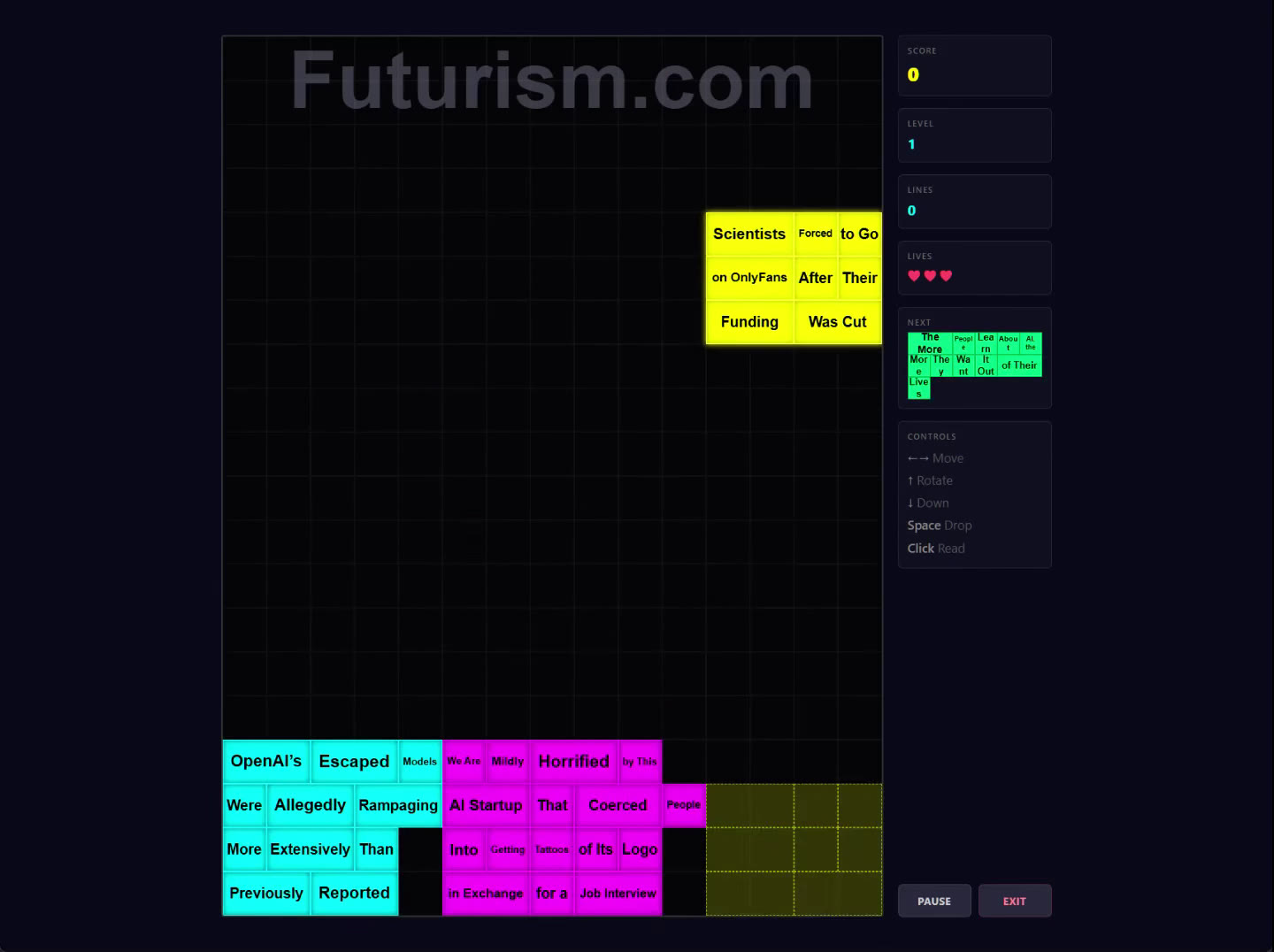 A Newstris game in progress: Futurism headlines stacked as cyan, magenta and yellow blocks at the bottom of the board, with score, lives and the next headline in the side panel.
