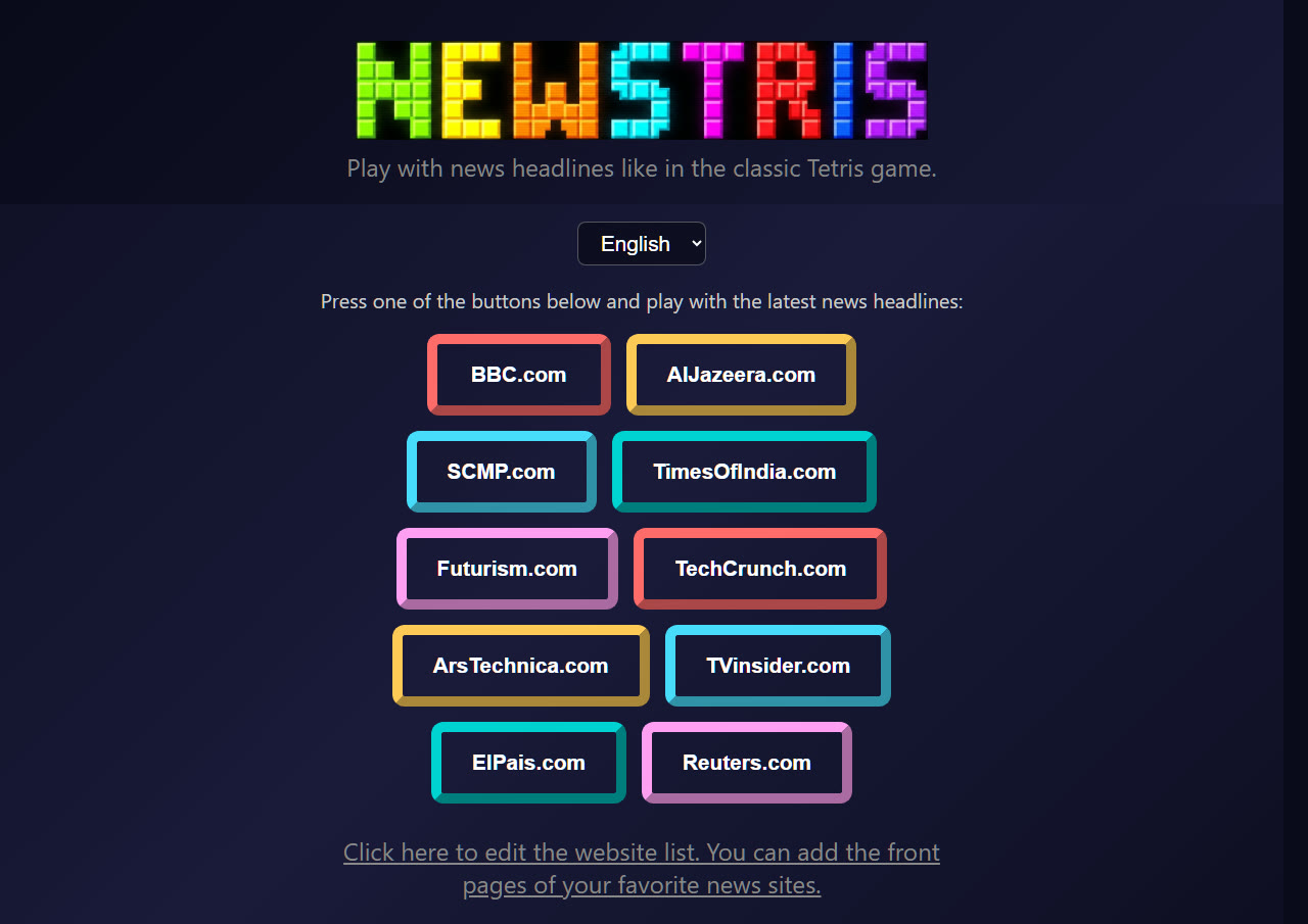 The Newstris start screen, with the language selector and buttons to choose a news source such as BBC, Al Jazeera, SCMP or TechCrunch.
